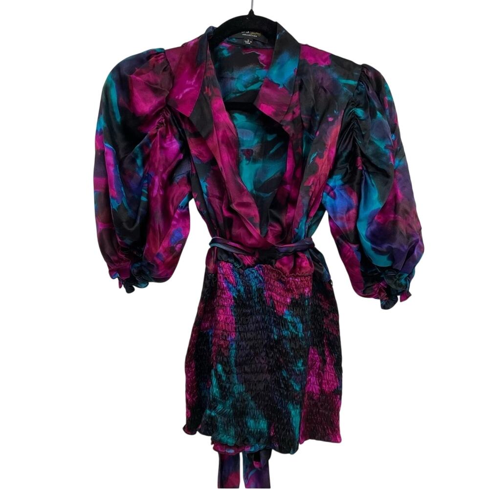 ABS Collection Silk Pink & Blue Floral Puff Sleeve Blouse Womens S Maximalist
